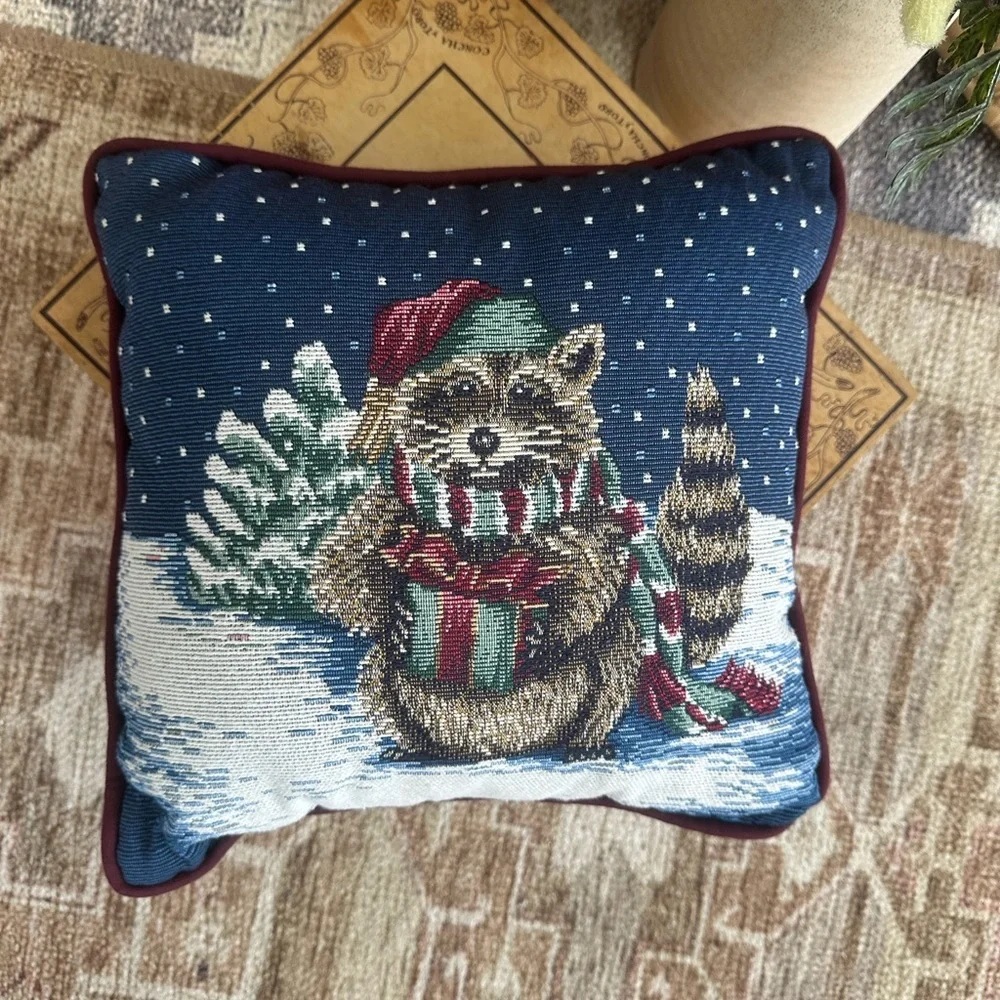 Vintage Tapestry Winter Raccoon Pillow Christmas Festive Holiday Throw Pillow